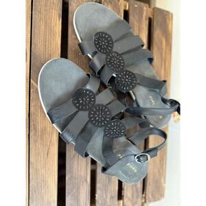 NWOT David Tate Quinn Medallion Black Leather Fabric Sandal Womens 12 MSRP $110